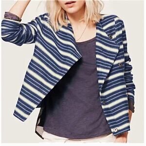 Lou & Grey Blue Ivory Striped Moto Sweatshirt Snap Jacket Sweater Blazer S Small